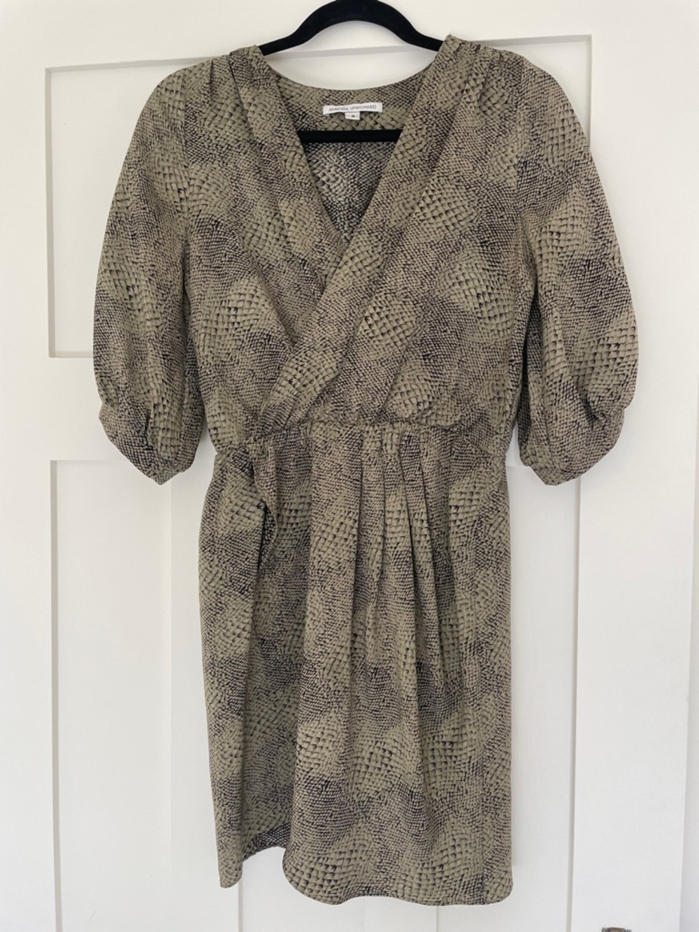 Amanda Uprichard Silk Snake Print Sage Green Wrap Look Mini Dress